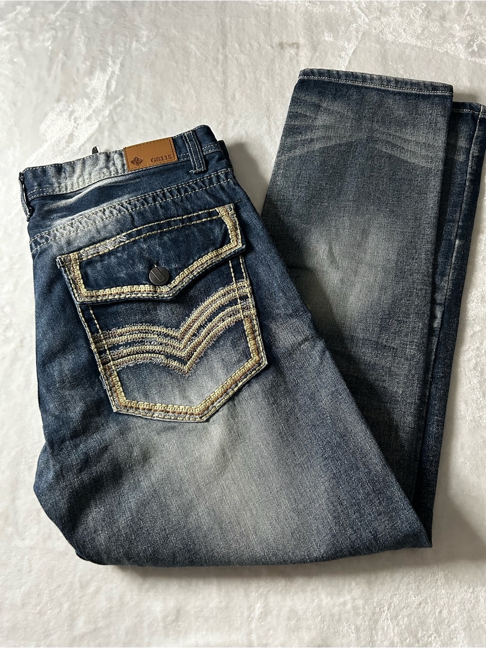 GS115 Men's 38X32 Distressed Straight Leg Jeans Blue Thick Stitch Embroidered